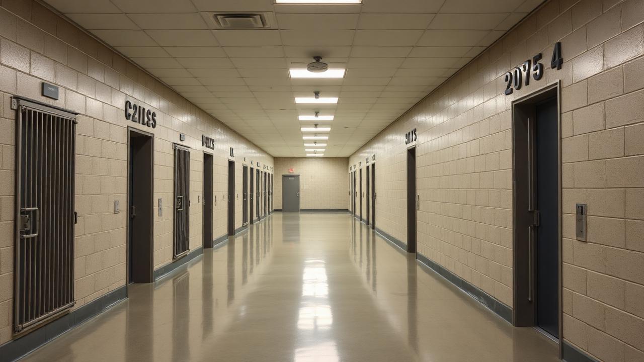 Empty corridor of cell doors in a corrections facility