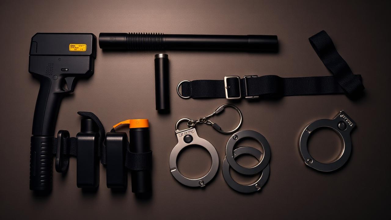 Less-lethal and electronic control weapon training equipment laid out